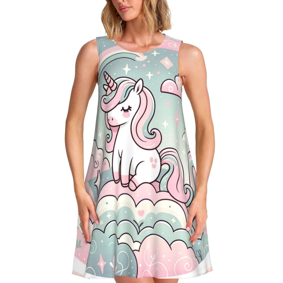 sans manches pour femme à motif animal mignon et arc-en-ciel, avec 2 poches latérales, coupe trapèze.