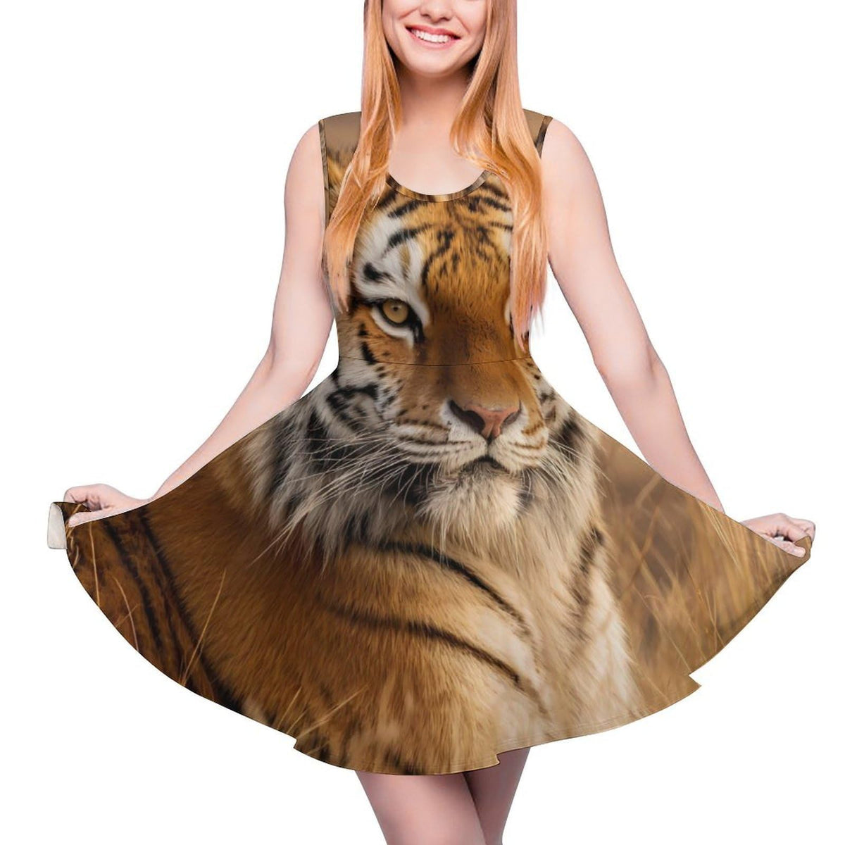 d'été femme Tiger, col rond, sans manches, ourlet à volants